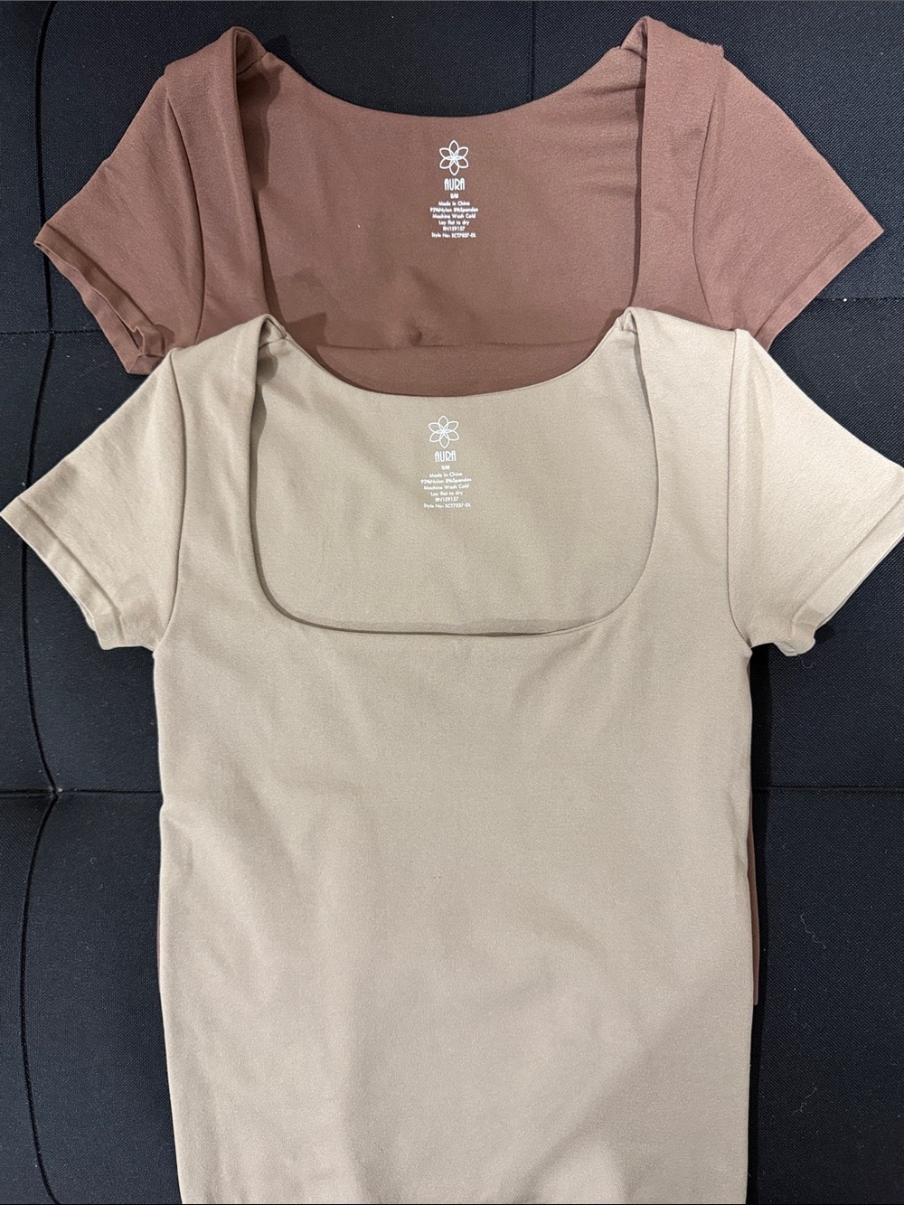 Aura Brown and Tan Square Neck Short Sleeve Tops